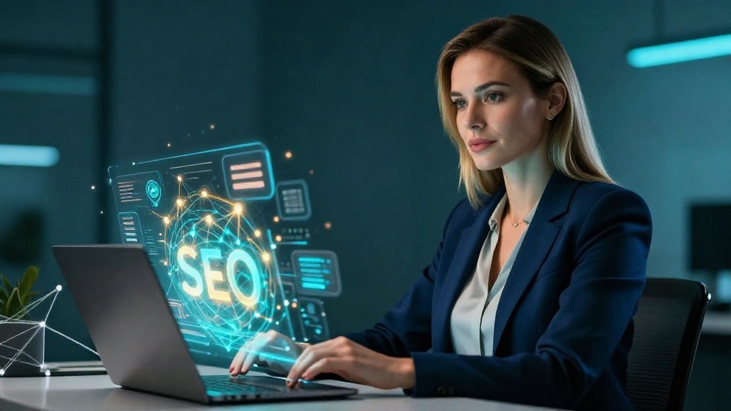 Женщина-специалист анализирует интеграцию SEO-сервисов за ноутбуком с визуализацией данных