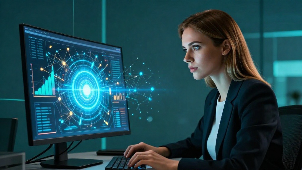 Специалист по SEO анализирует выбор URL для усиления ссылками на мониторе с абстрактной визуализацией данных
