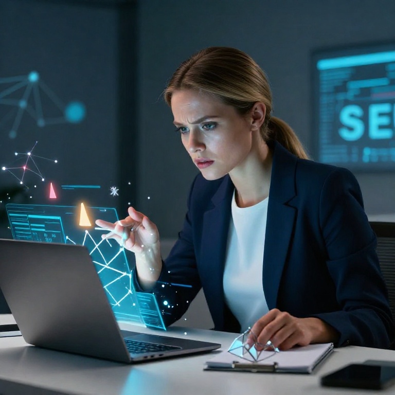 Молодая специалистка по SEO анализирует ошибки линкбилдинга и штрафы поисковых систем на экране ноутбука в современном офисе