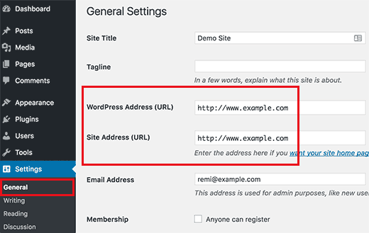 Чтобы сделать свой выбор, перейдите в « Настройки»> «Основные» и добавьте предпочитаемую структуру URL как для адреса WordPress, так и для адреса сайта
