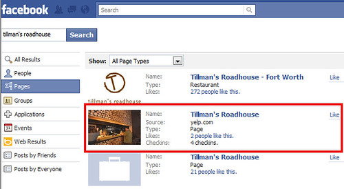 Вот как   Страница Yelp для Roadhouse Тиллмана   ресторан в Далласе появляется в результатах поиска Facebook: