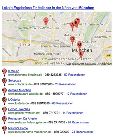 Например, если вы ищете «Итальянский Мюнхен», в результатах поиска будет показана большая карта Карт Google, которая находится прямо вверху и графически иллюстрирует результаты пользователя: